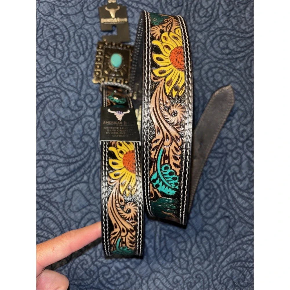 NWT American Bison Tooled Leather Belt Sz XL 42-44 Sunflower Turquoise Buckle